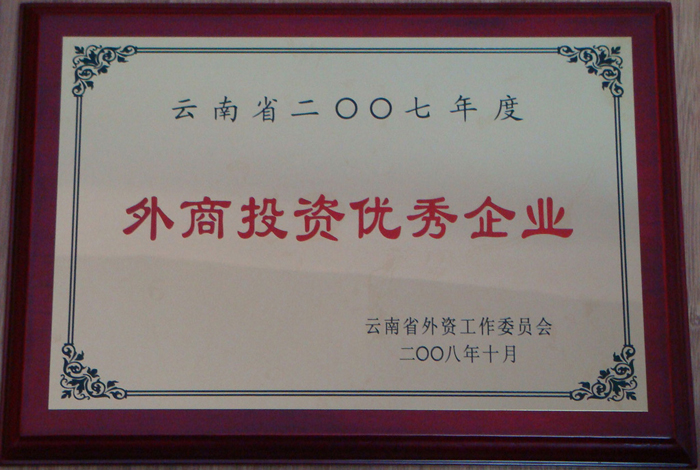 2007年度“云南省外商投資先進(jìn)企業(yè)”獎(jiǎng)牌